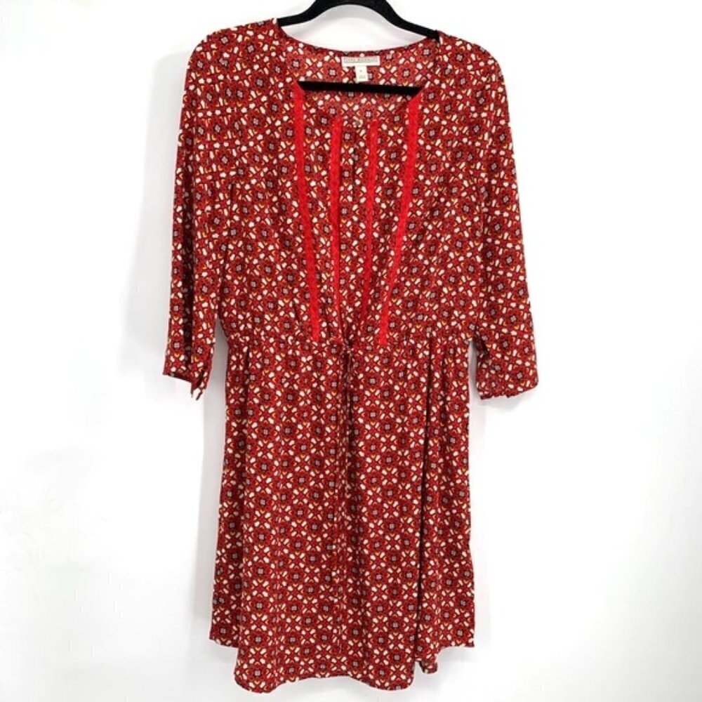 DANA BUCHMAN Red Dress Peasant Tie Waist Flowy L